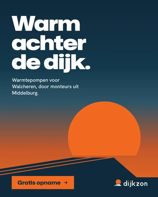 Advertentie van Dijkzon: Warm achter de dijk. De zon zakt achter de dijk.