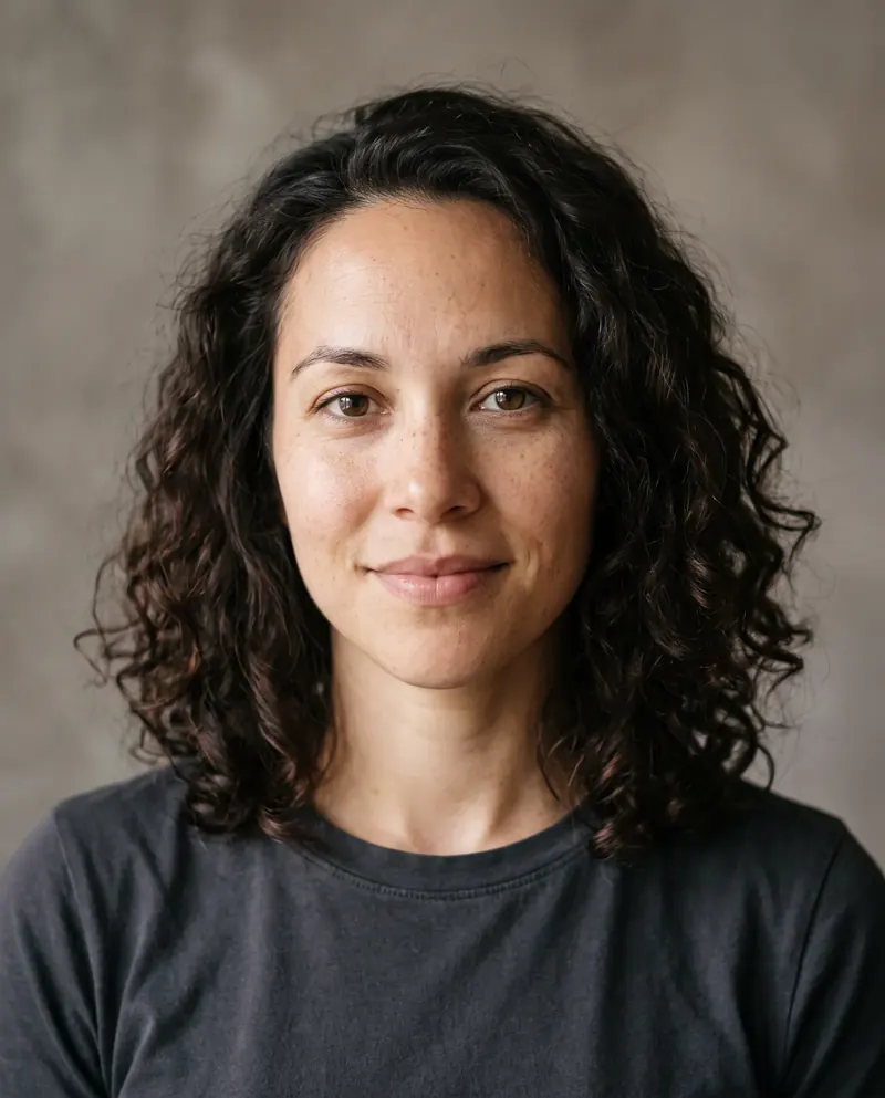 Portret van een verzonnen AI-avatar, een vrouw van rond de dertig, gemaakt met AI