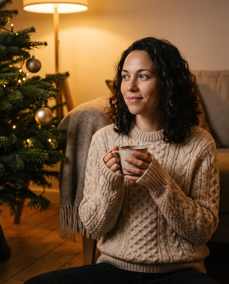 De avatar draagt de trui op de vloer bij een kerstboom, gemaakt met AI