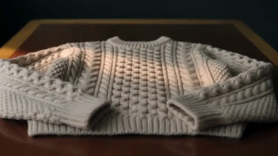 Een close-up van het breiwerk van de trui op een tafel, gemaakt met AI