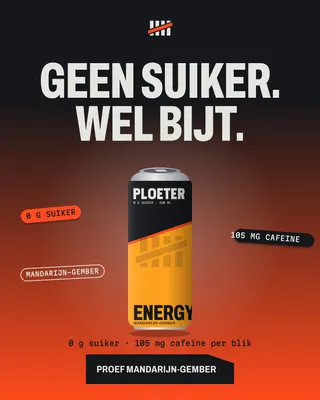 Advertentie van Ploeter: Geen suiker. Wel bijt. Een blik energy op een oranje verloop.