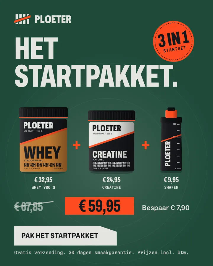 Advertentie van Ploeter: Het startpakket: whey, creatine en een shaker met korting.